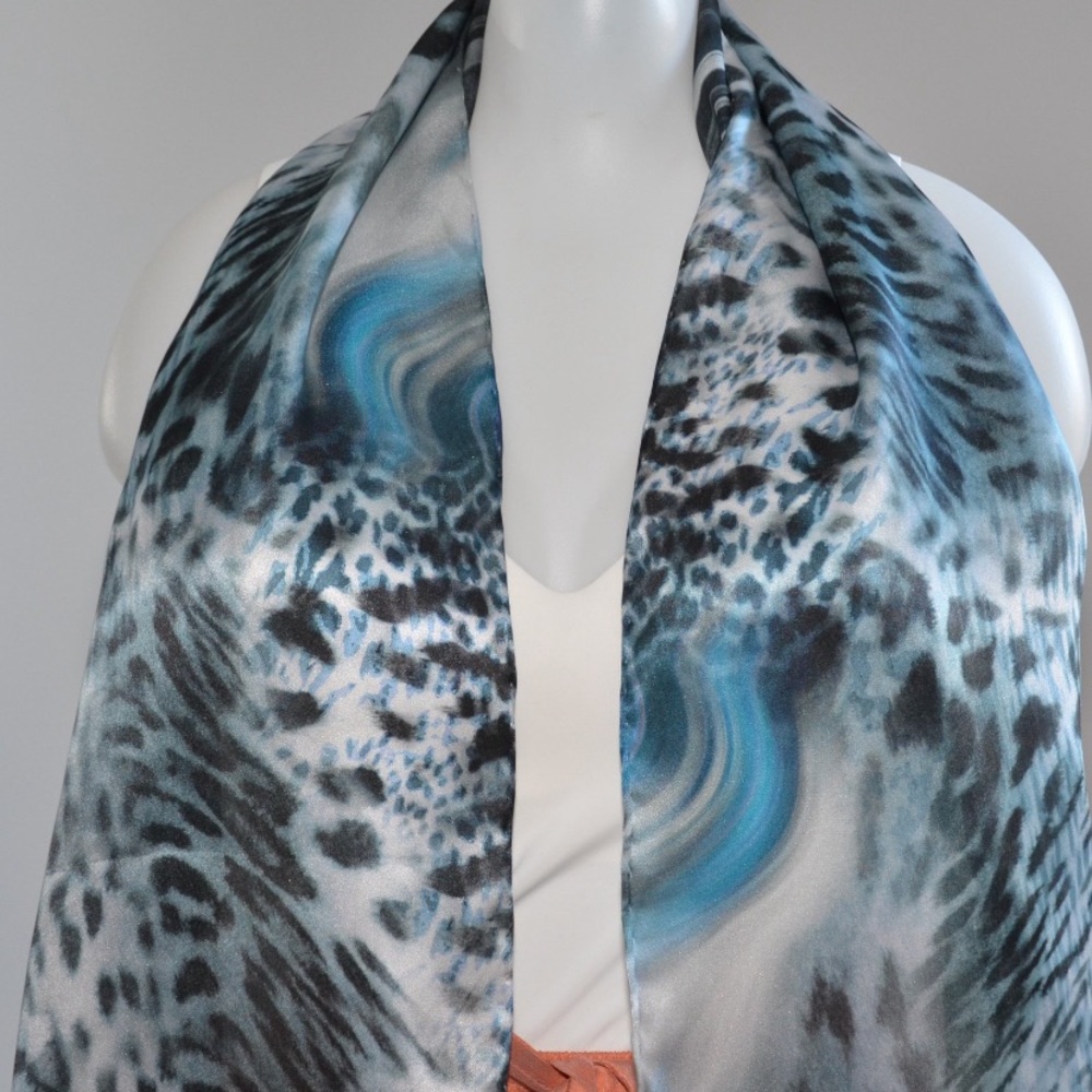Leopard Print with Abstract Wavy line Blue/Gray - Silk Scarf